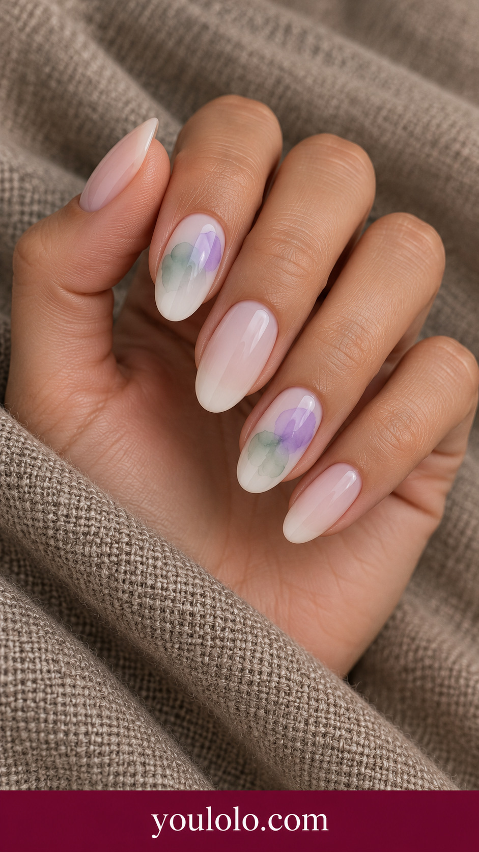 Sage Lilac Pooling: medium oval milky nude nails two accents overlapping translucent sage and lilac blooming patches with soft boundaries on a naturally posed adult hand