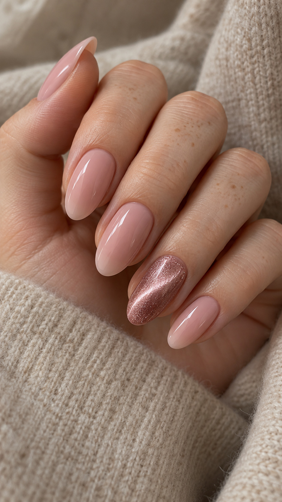 Pink with a Cat-Eye Accent: Creamy pink almond nails with rose magnetic shimmer on one finger on a naturally posed adult hand