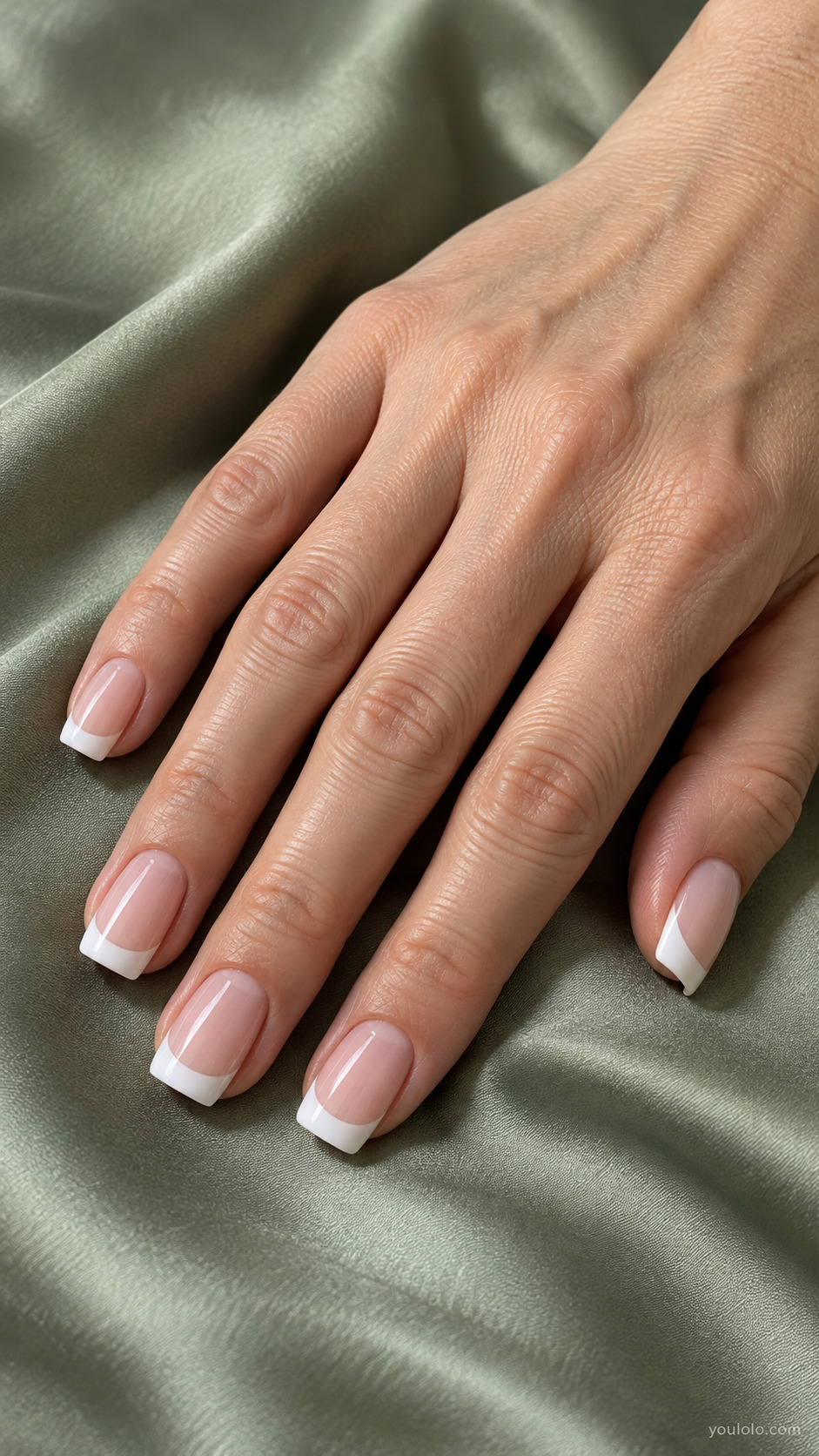 Square nude pink nails with crisp white French tips