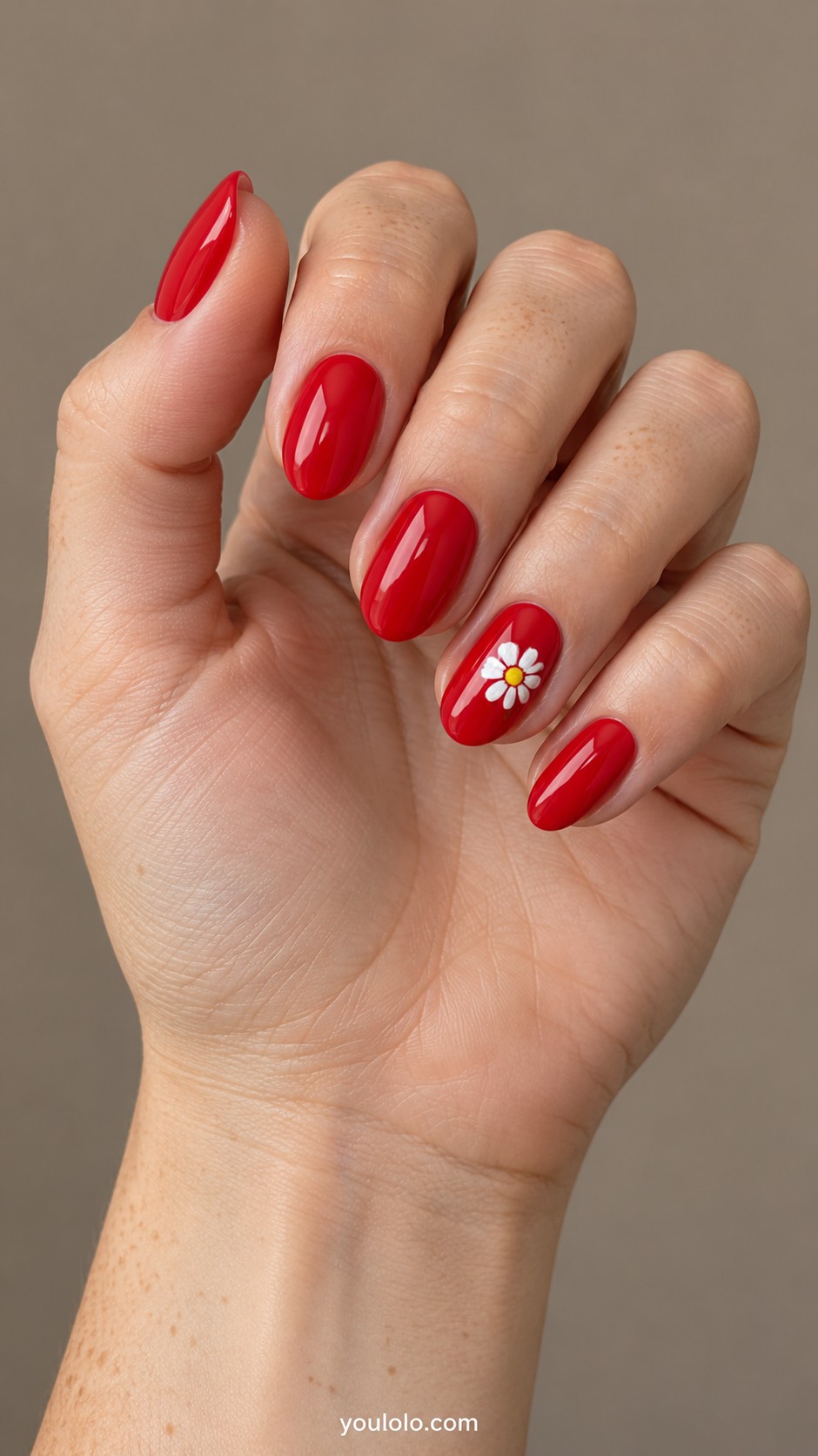 Cherry Red Nails — Tiny White Daisy on Red