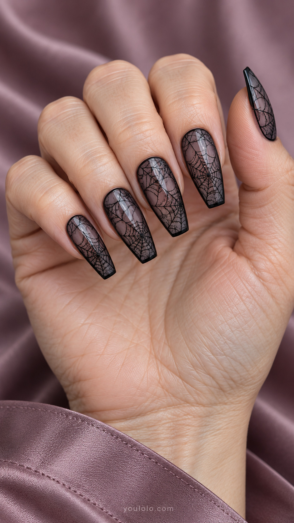 Long tapered square sheer charcoal nails with black fine cobweb lace across whole nail and opaque black slim perimeter, crisp delicate fine line art