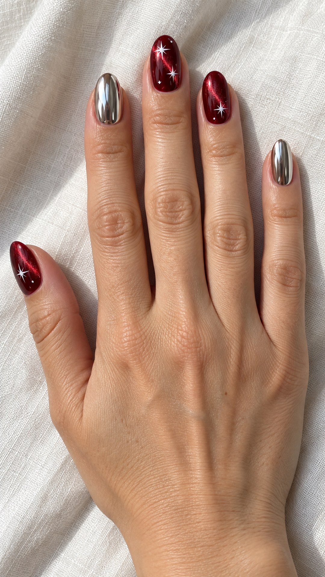 red cat eye nails — Fine White Stars with Silver Accents