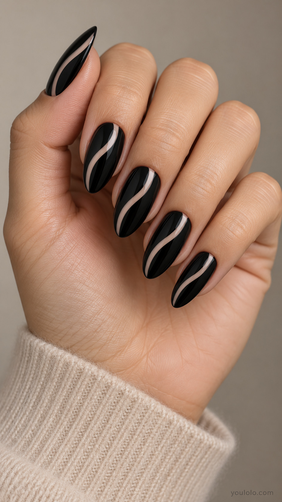 Black almond nails with curved nude negative-space lines