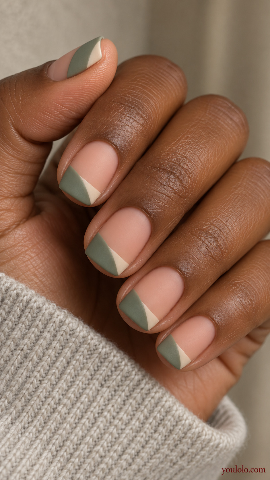 Slanted Sage and Cream Tips on a softly gathered feminine hand with a matte green manicure