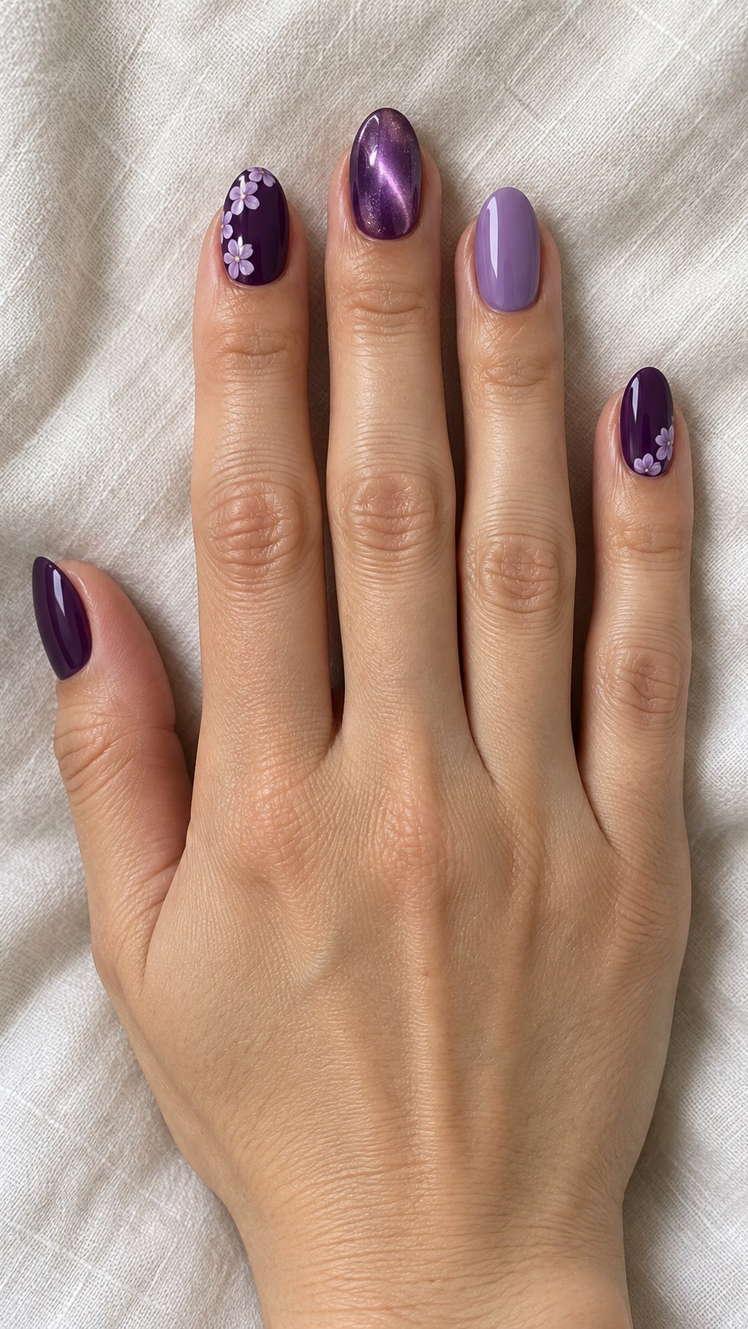 dark purple nails — Tiny Lilac Flowers on Purple