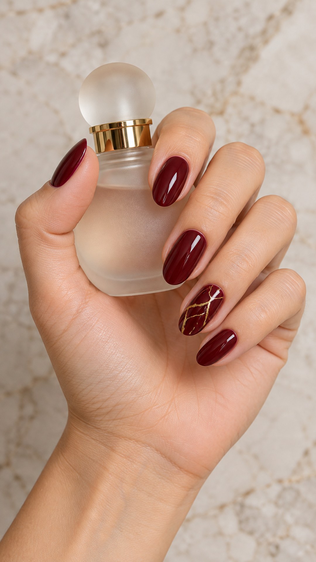 red and gold nails — Wine Red with Gold Marble Veins