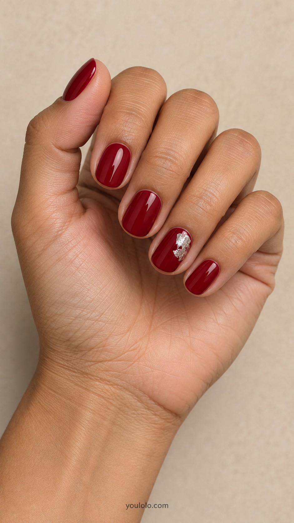 Simple Christmas Nails — Cranberry with One Silver Foil Patch