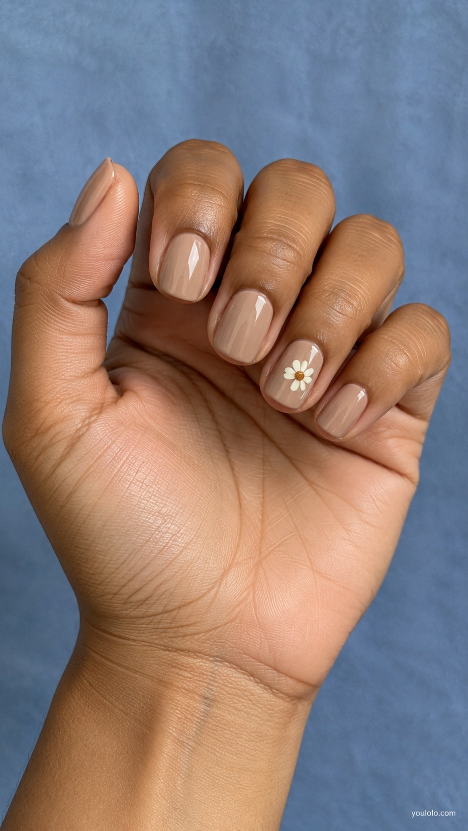 Latte Daisy Accent — short squoval latte nails ring nail one small ivory daisy with honey center