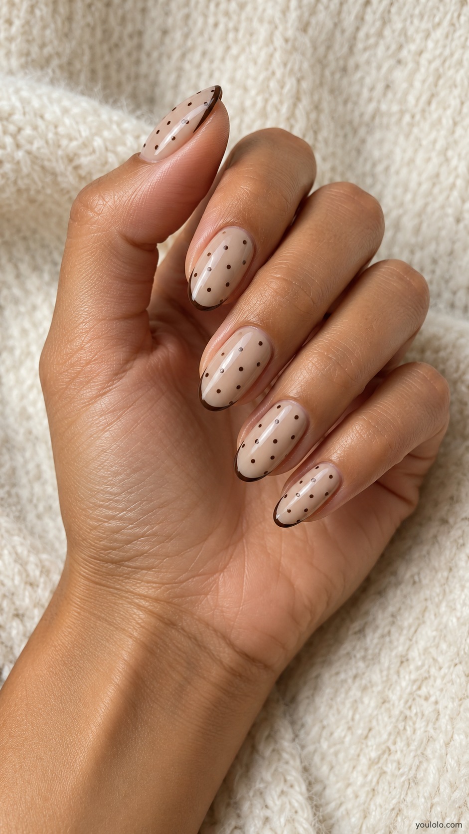 Latte Dots and French — medium oval latte nails small dark brown dots plus very fine dark brown French edge