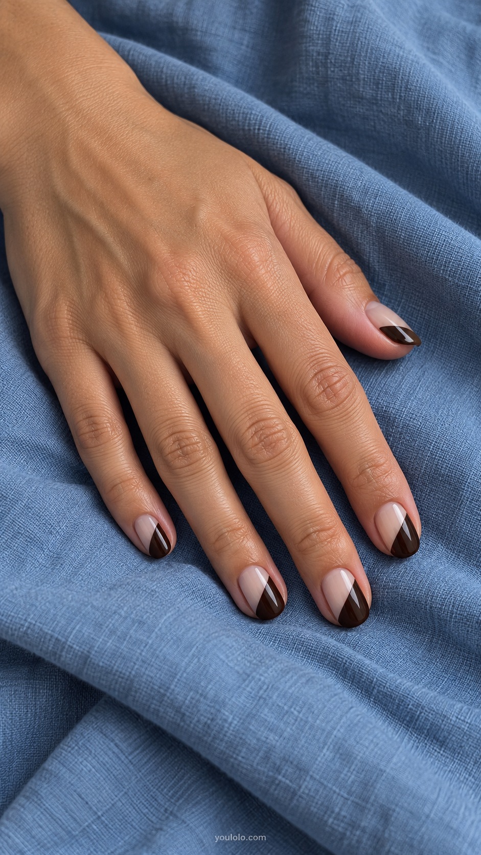Espresso Nude Diagonal — short oval diagonal half sheer beige half dark espresso brown gloss