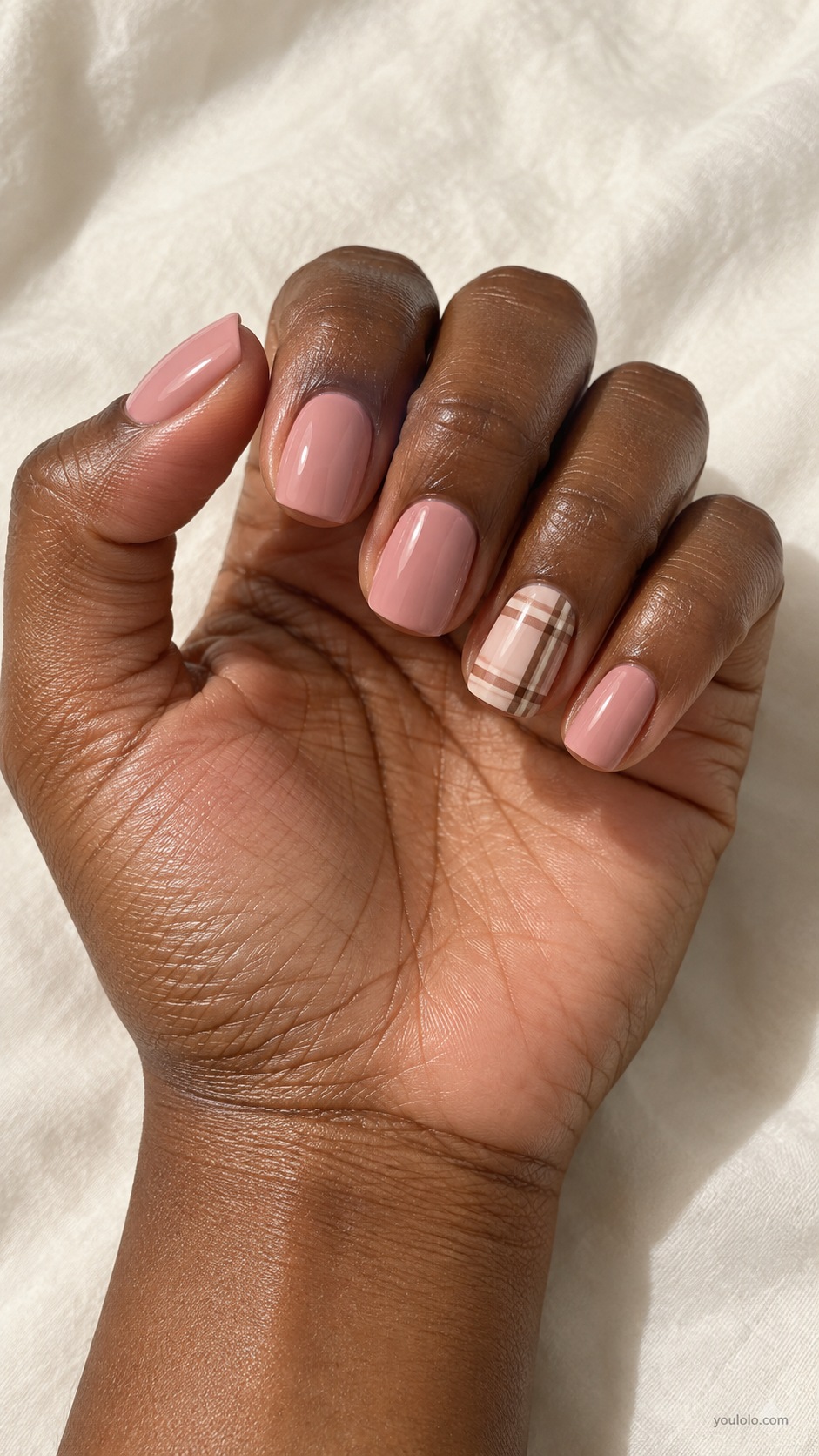 Pink Brown Fine Plaid — short squoval dusty pink nails ring nail coffee ivory thin plaid lines