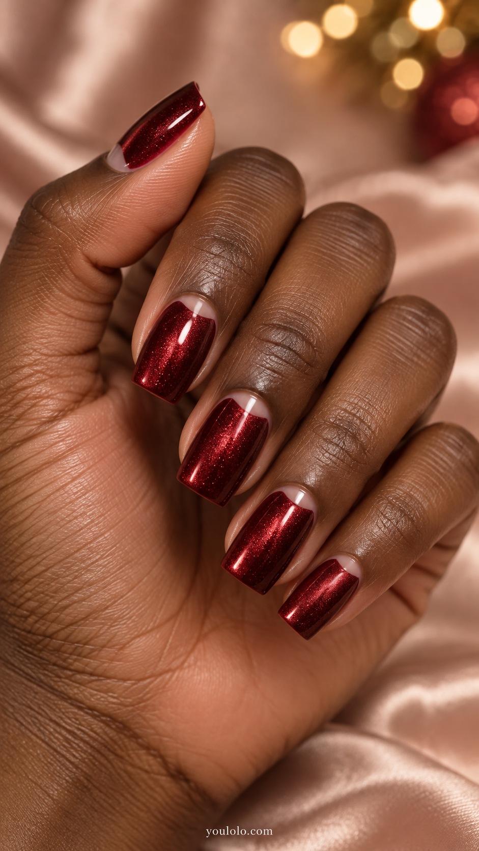 Medium square garnet red magnetic nails tiny sheer half moon at cuticle