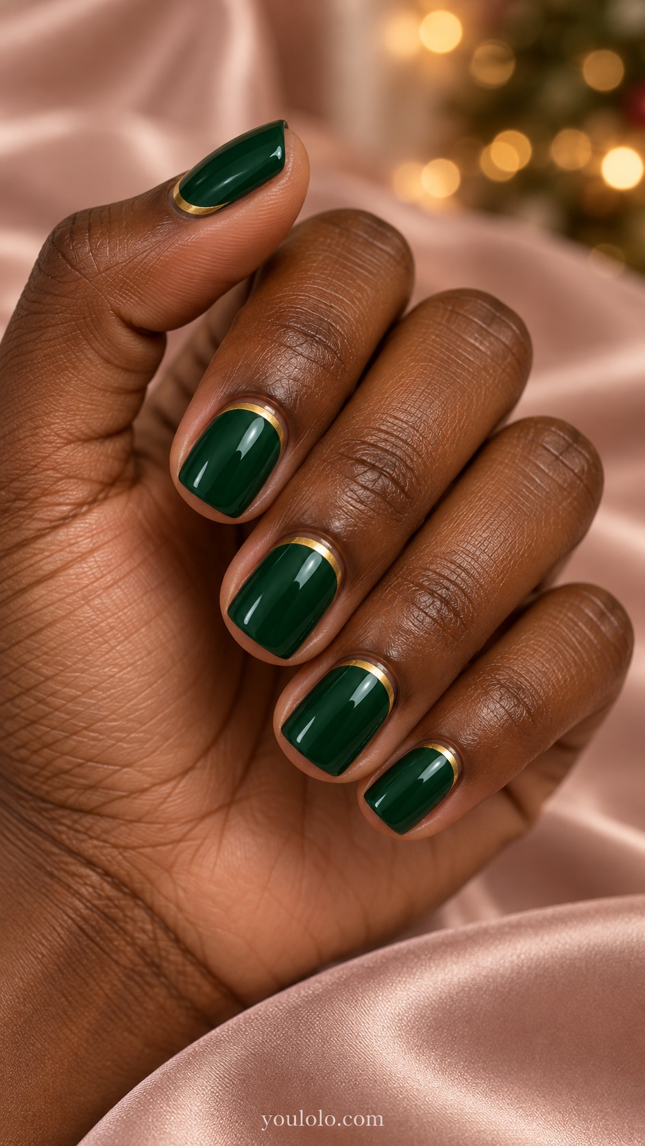 Short squoval glossy emerald nails very fine flat gold painted crescent near cuticle