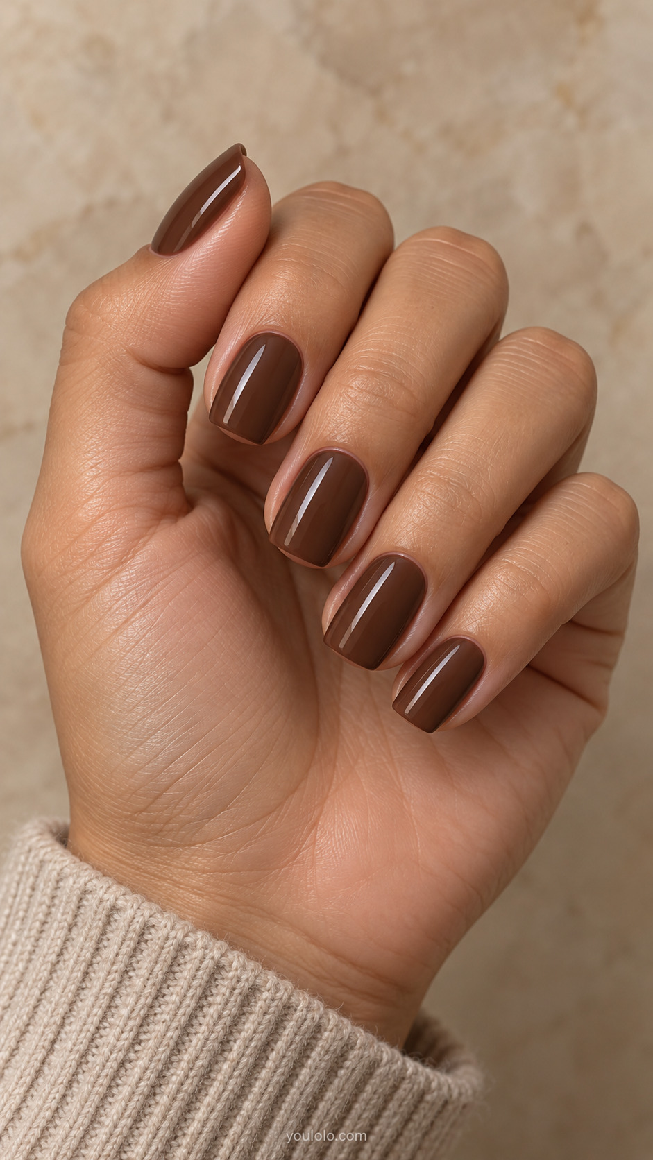 Medium soft square nails with warm chestnut brown cream polish.