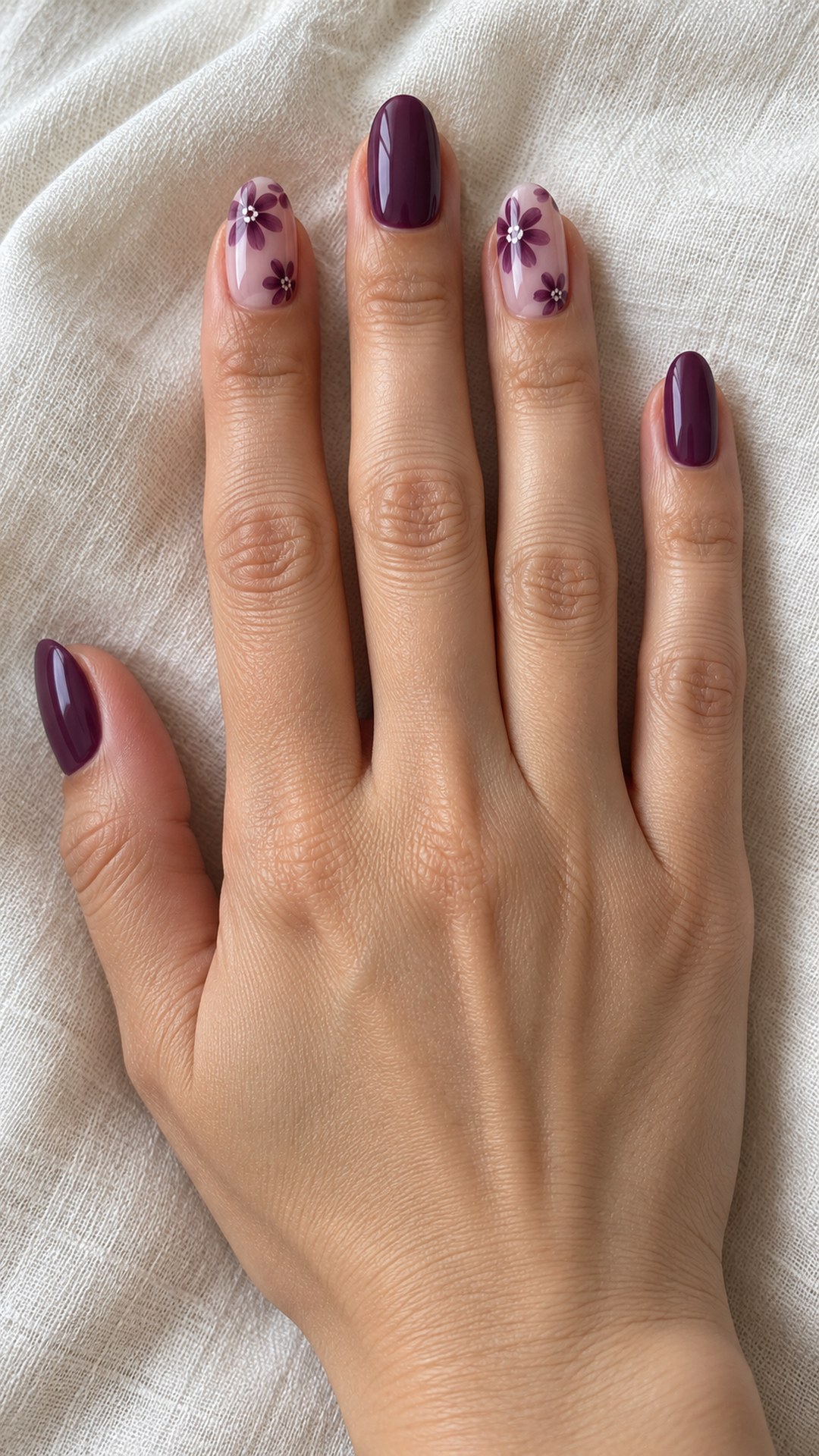dark purple nails — Purple Daisies on a Sheer Base