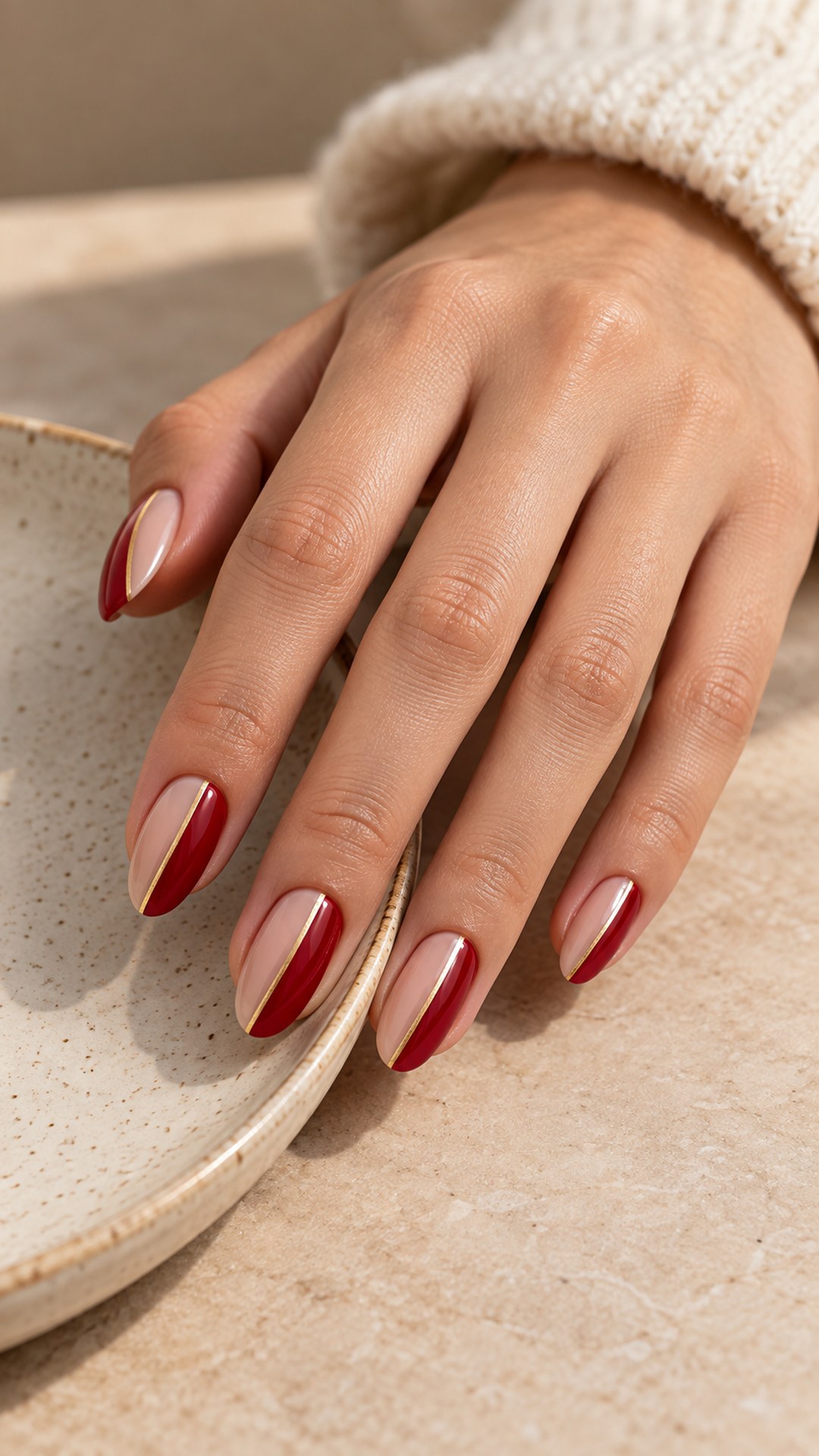 red and gold nails — Red and Nude with Gold Dividers
