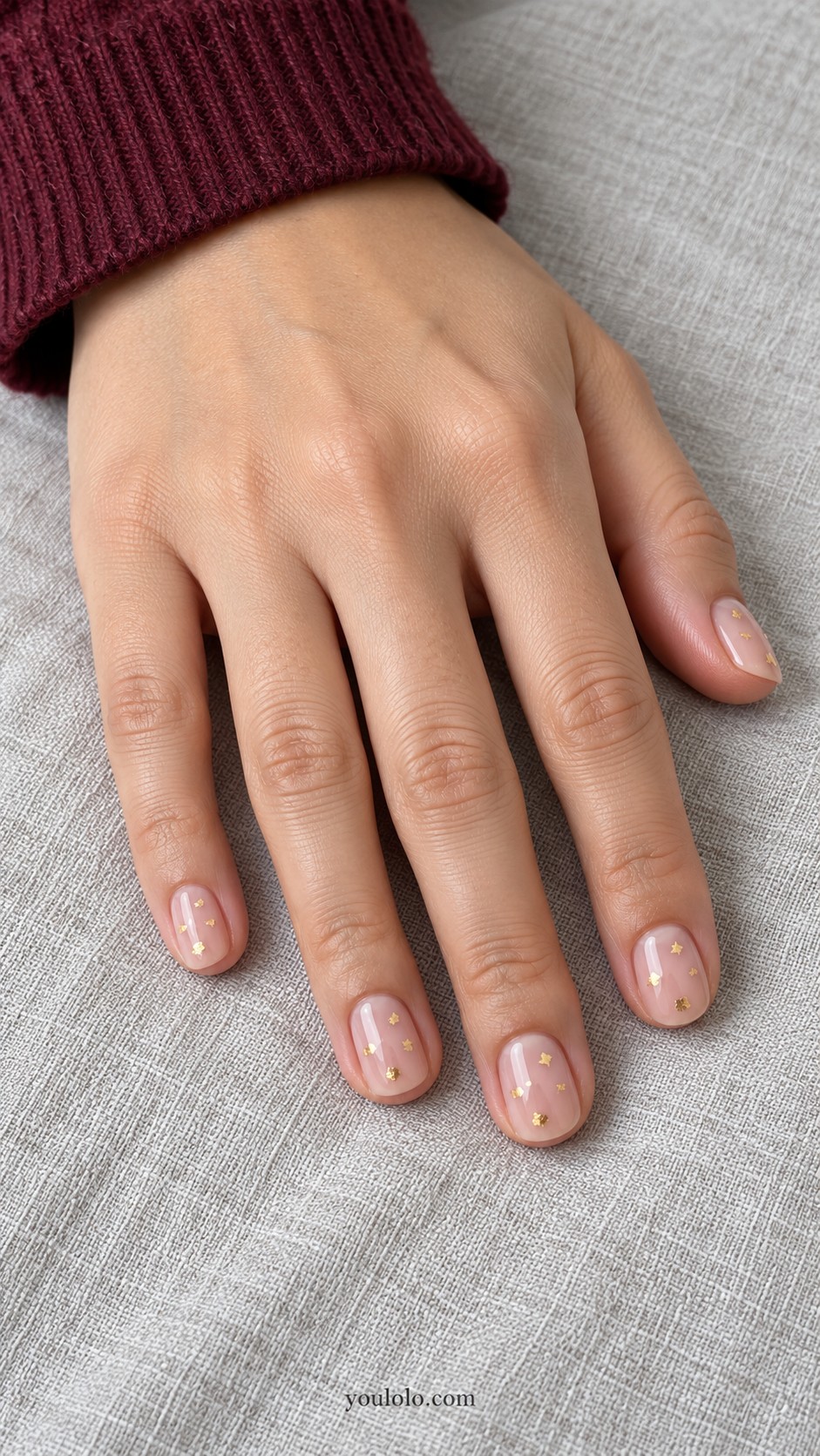 Xmas nails — Gold Confetti on Sheer Nude