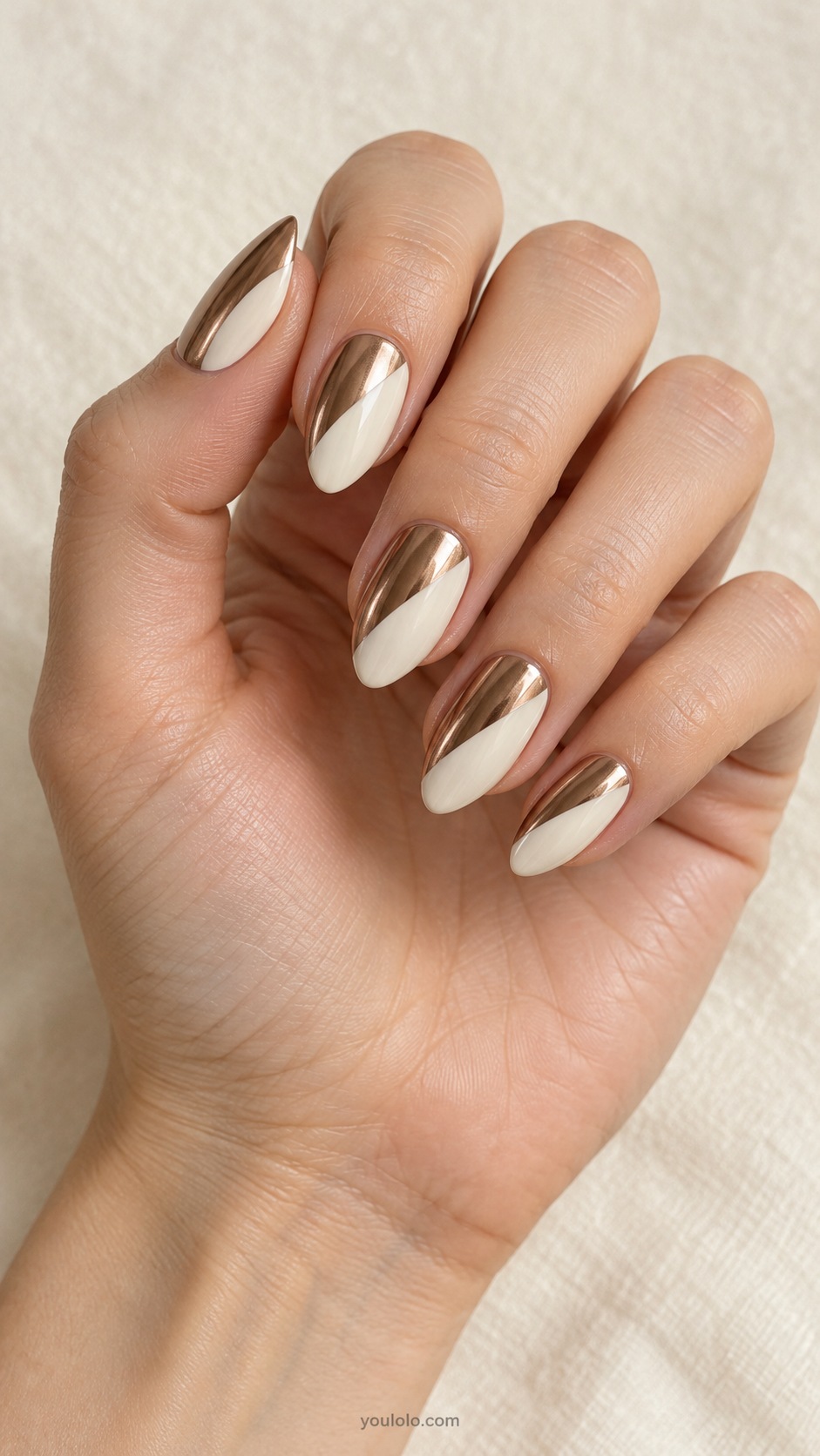 Bronze and Ivory Diagonal — medium almond diagonal half mirror bronze half opaque ivory cream
