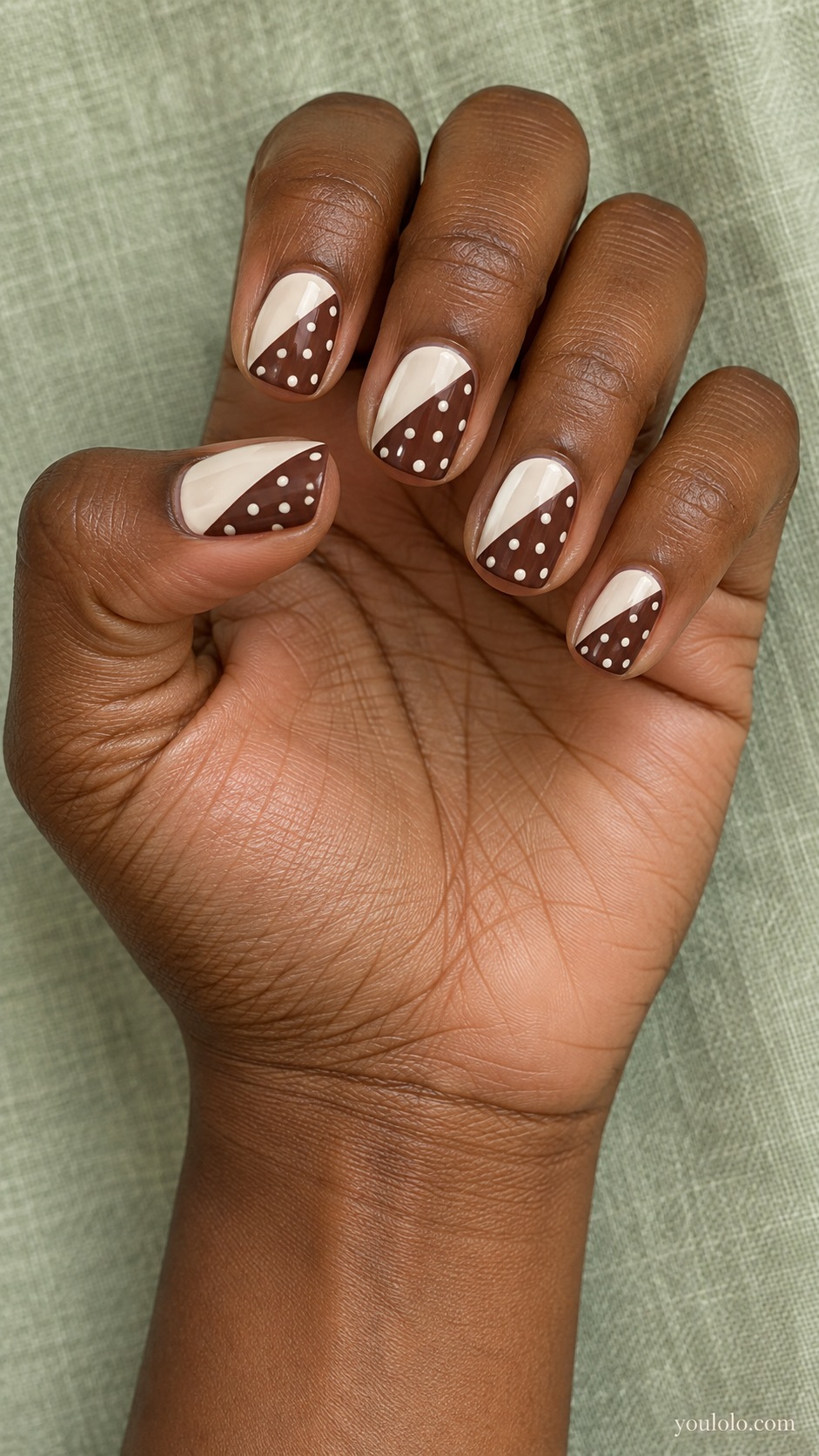 Brown Dot Split Panel — short squoval diagonal half ivory plain half cocoa with ivory polka dots