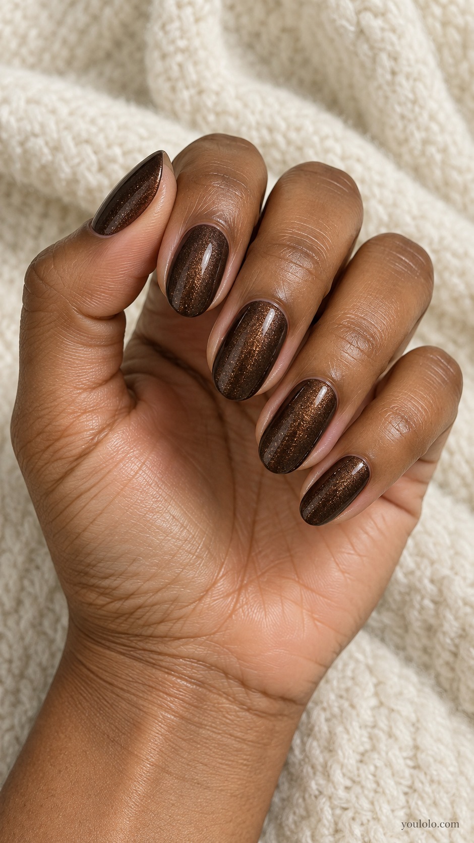 Cocoa Bronze Shimmer — medium oval dark cocoa nails fine scattered bronze shimmer not magnetic or mirror chrome