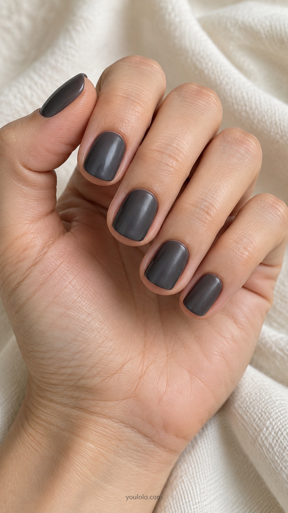 Short rounded square nails smoky graphite gray satin finish