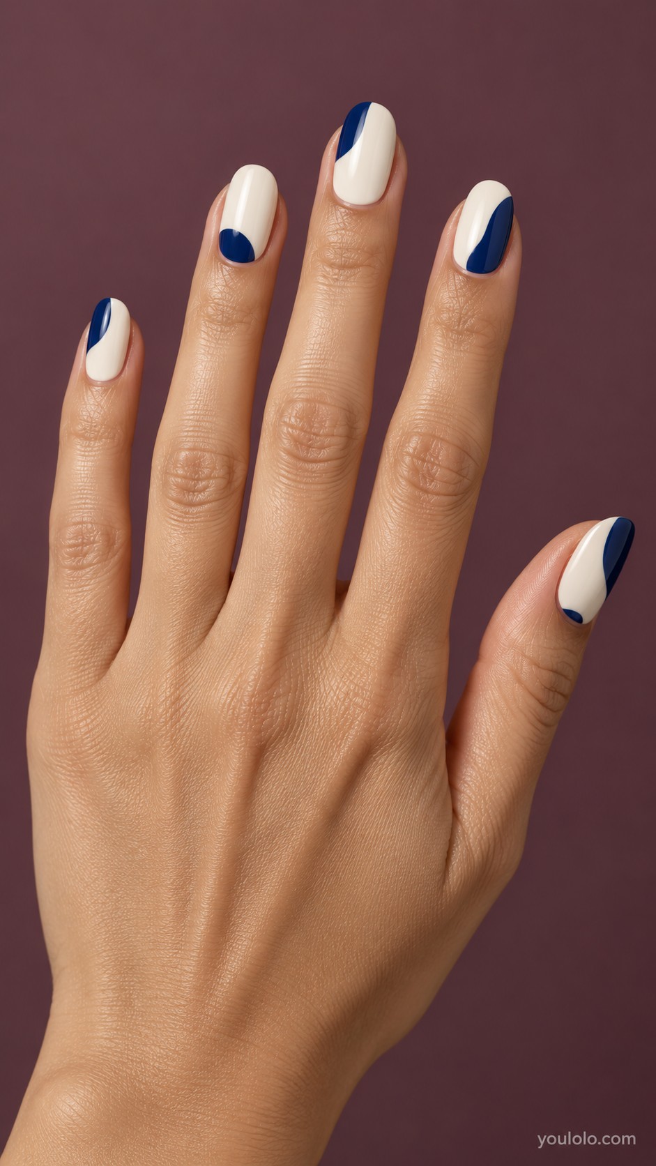 winter nails — Cream and Ink-Blue Color Blocks