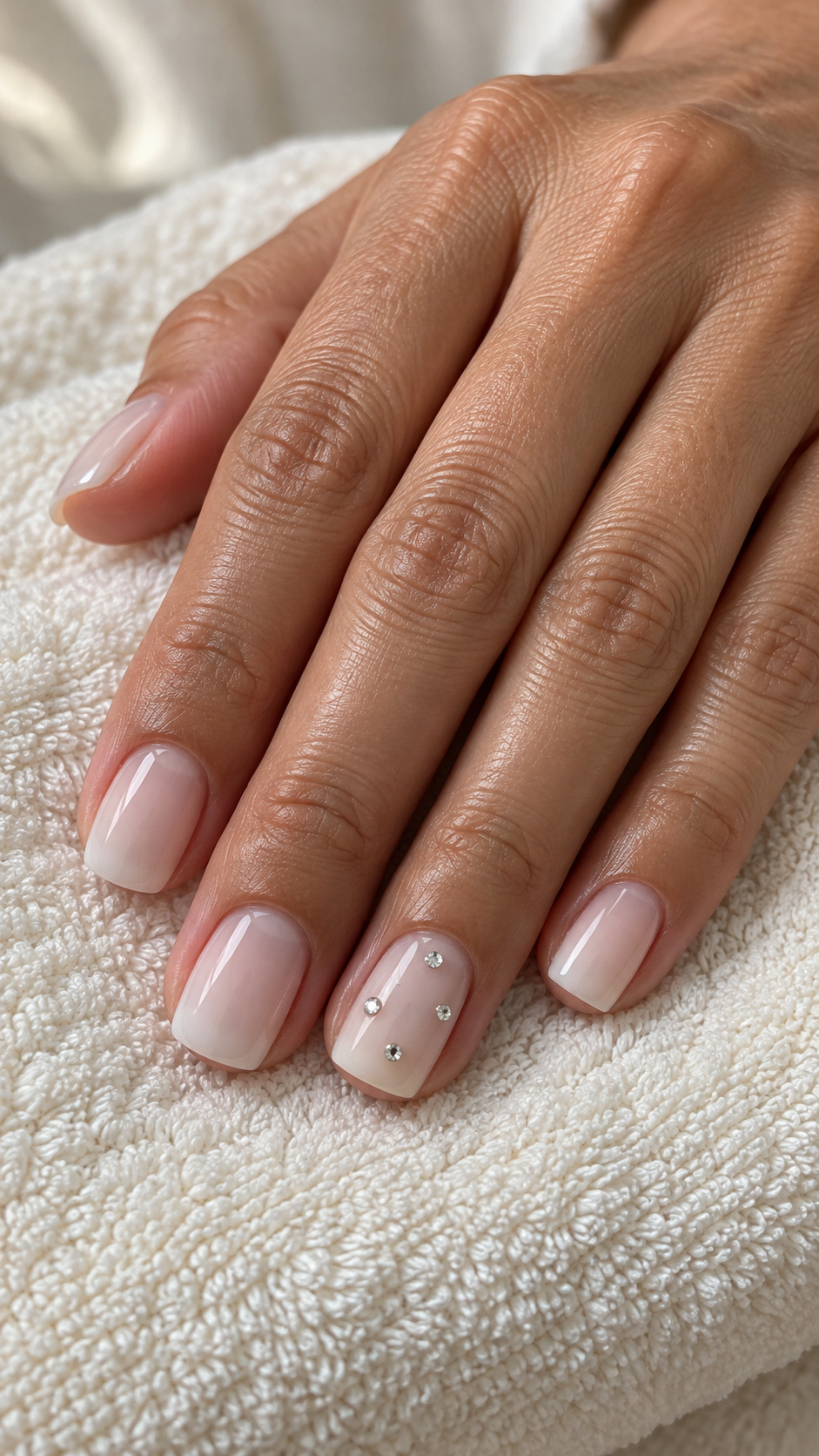 Sheer White with Scattered Micro Crystals: Short squoval milky nails with four small clear crystals scattered on the ring finger on a naturally posed adult hand