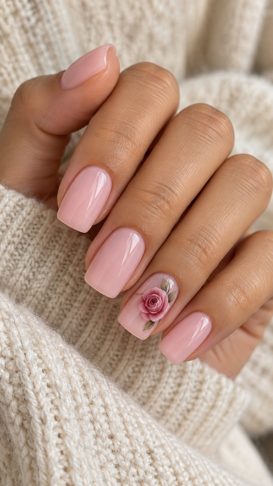 Pink with a Rose Accent: Pale pink square nails with a shaded pink rose and small leaves on a naturally posed adult hand