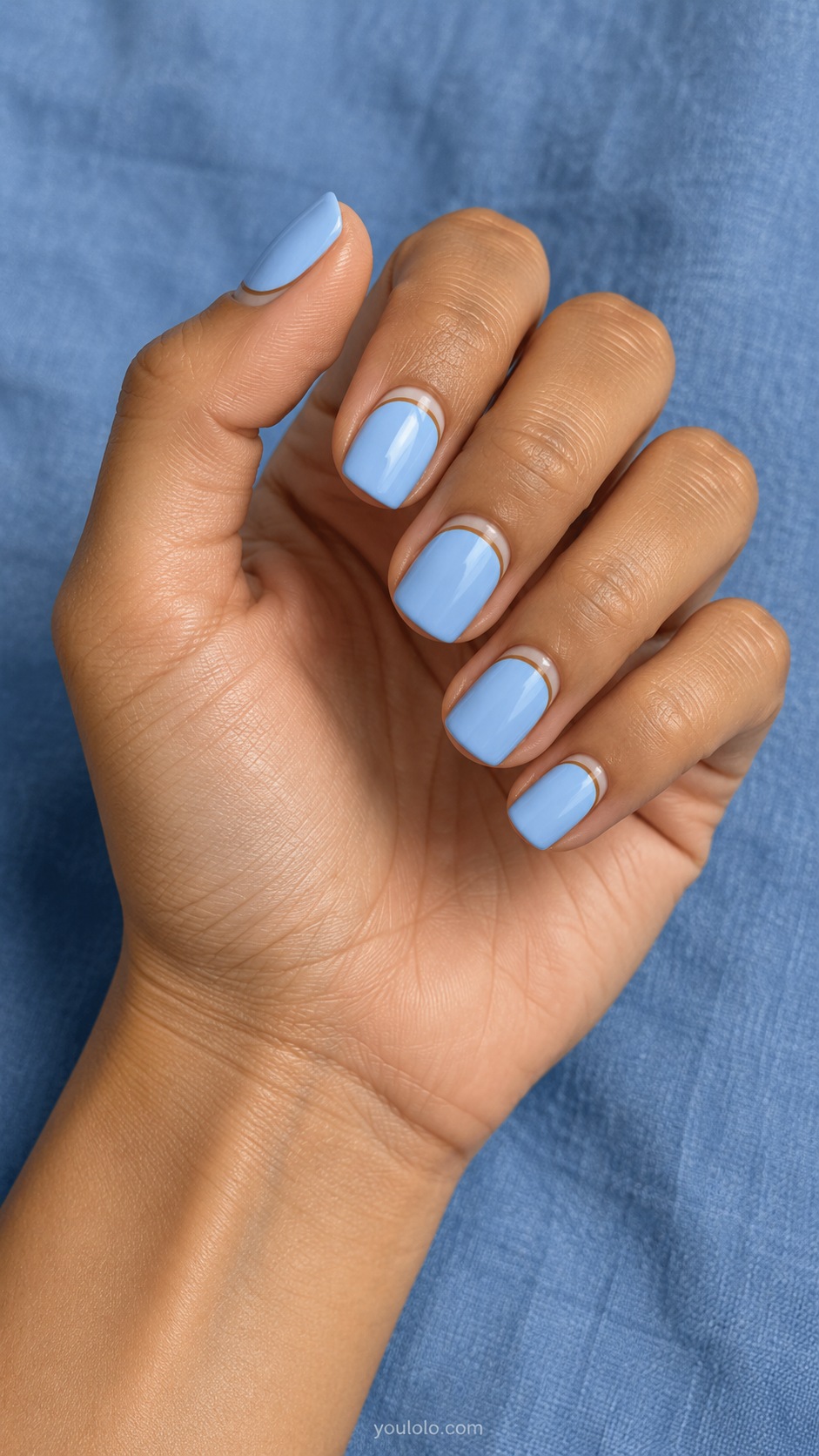 Blue Caramel Cuticle Line — short squoval sky blue cream nails thin caramel curved line near cuticles