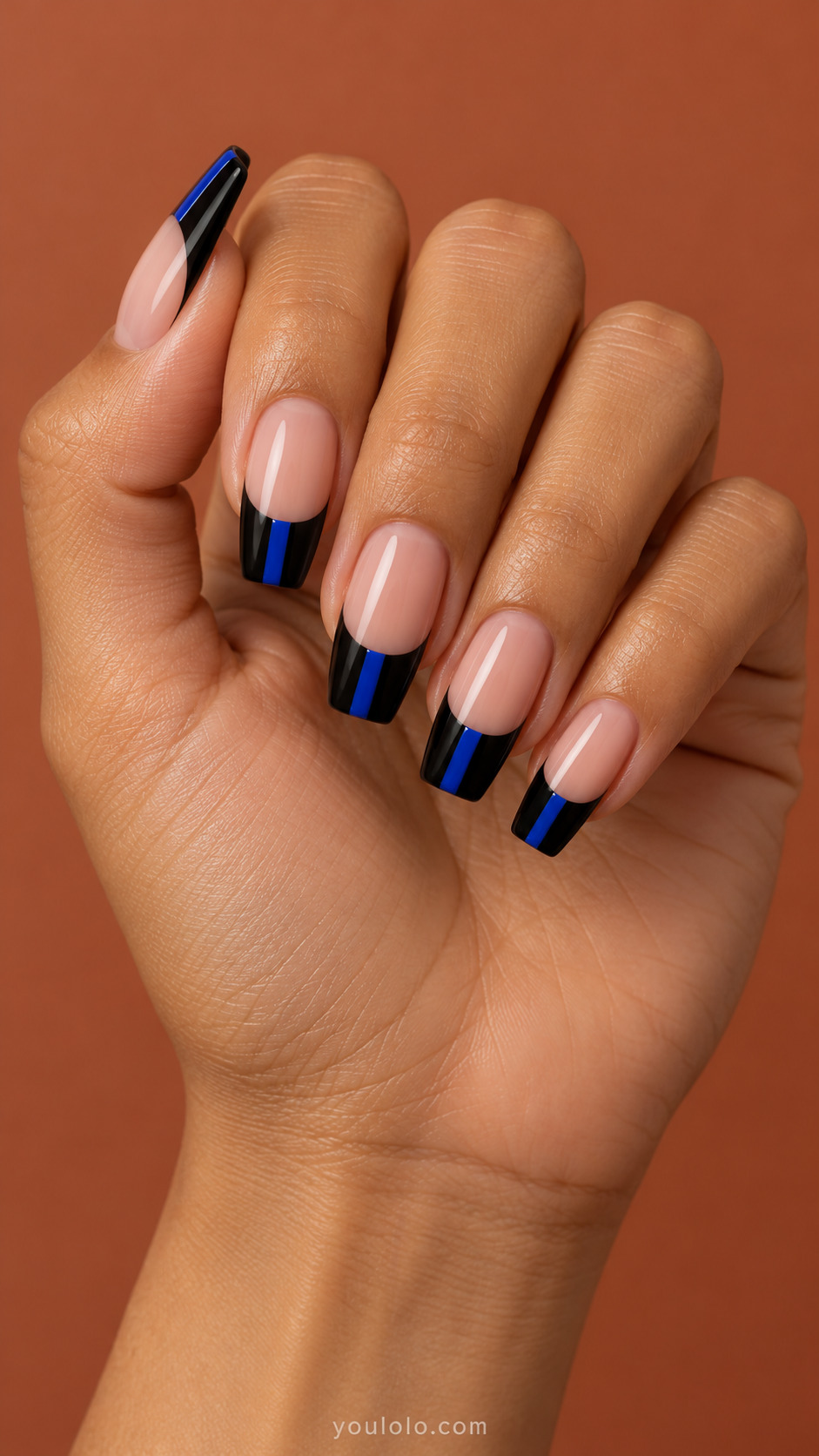 Black Tip with Cobalt Inlay on coffin nails with a nude base