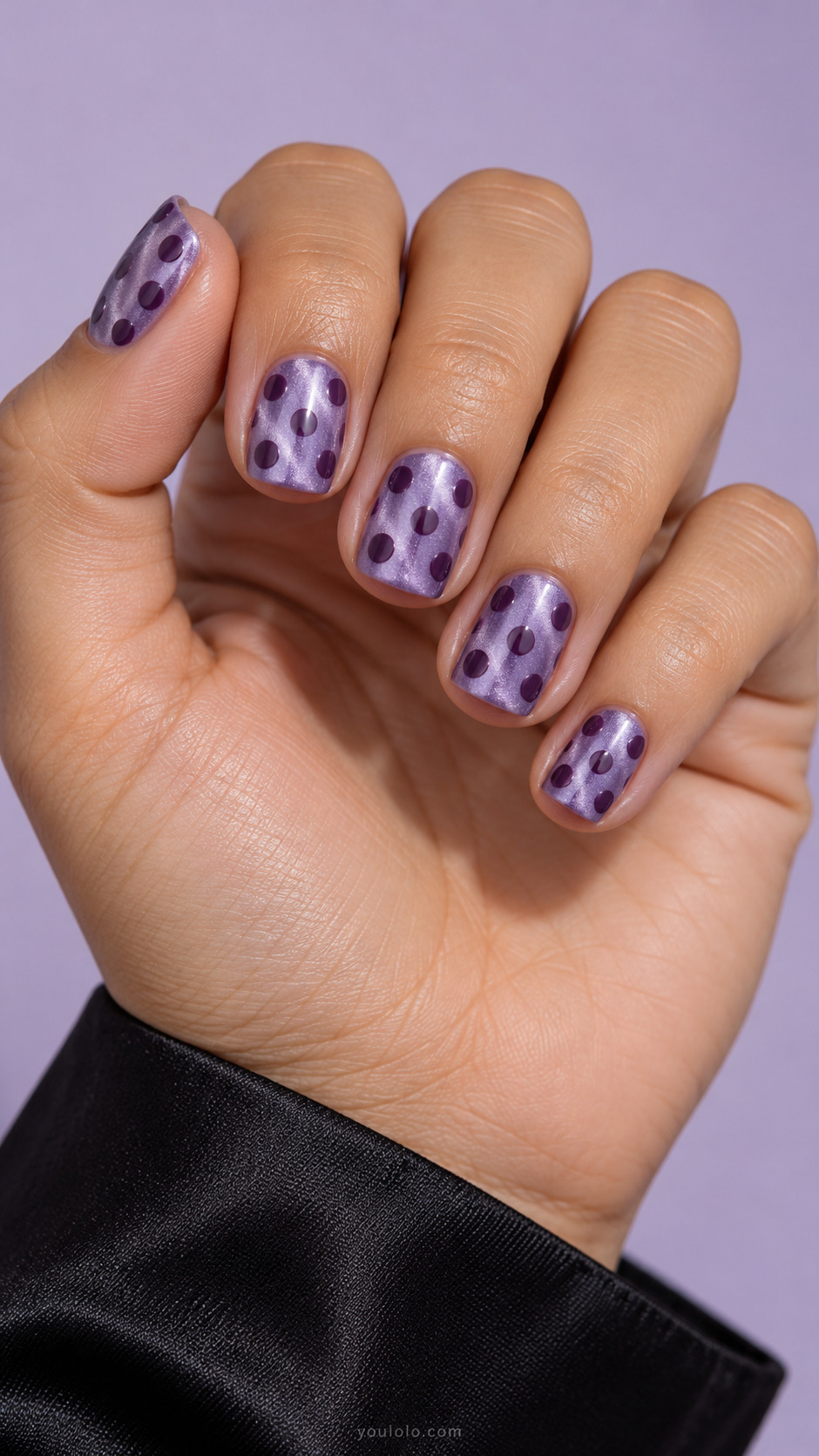 Lavender Dots in a Checkerboard Rhythm manicure on short square.
