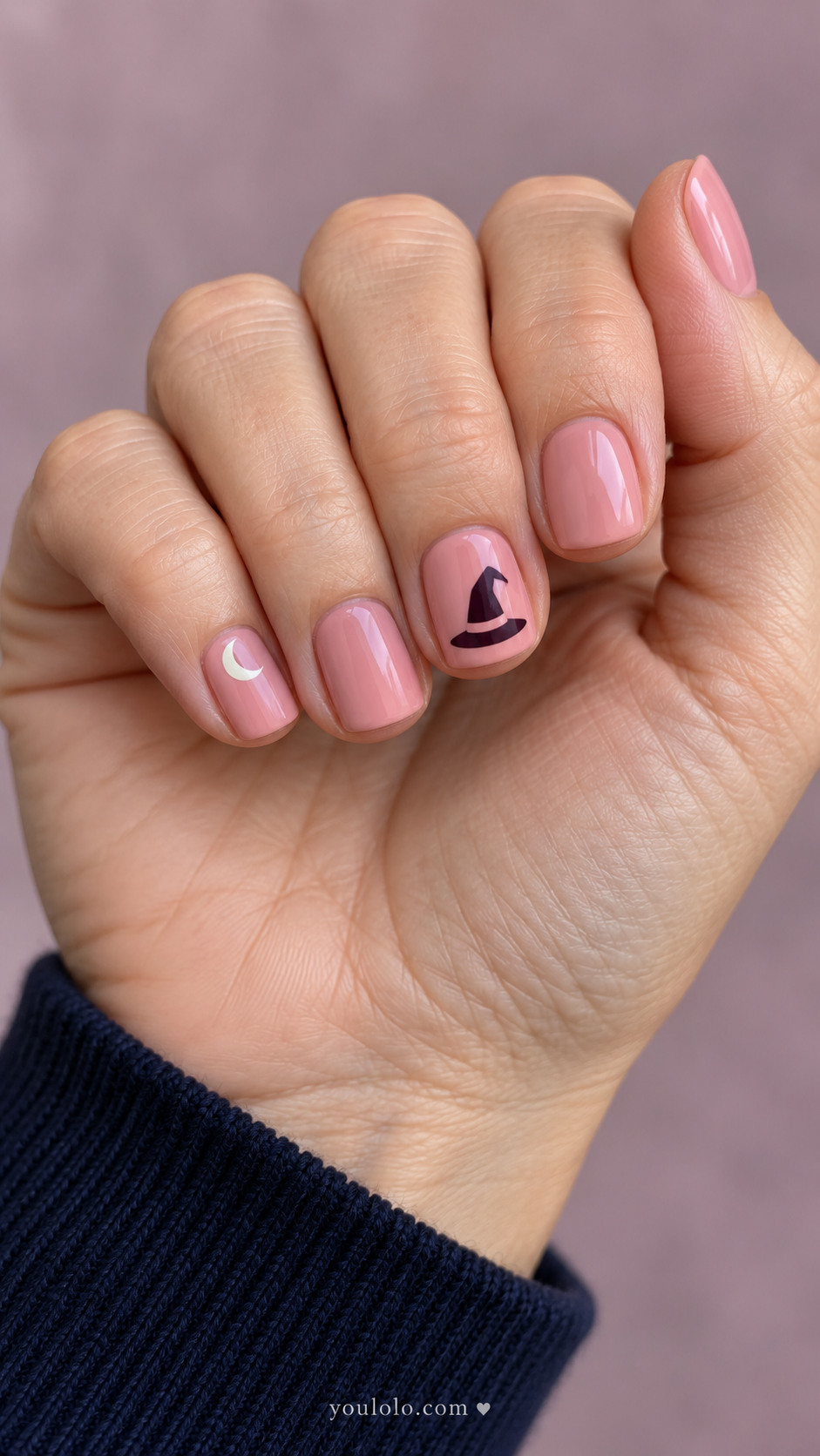 Short rose pink nails with a berry witch hat and cream crescent