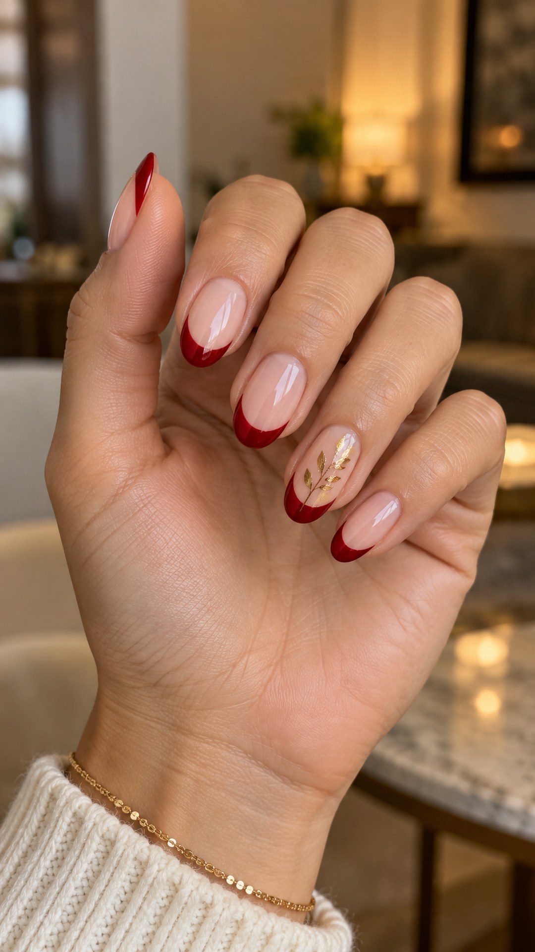 red and gold nails — Red Tips with a Gold Leaf Accent