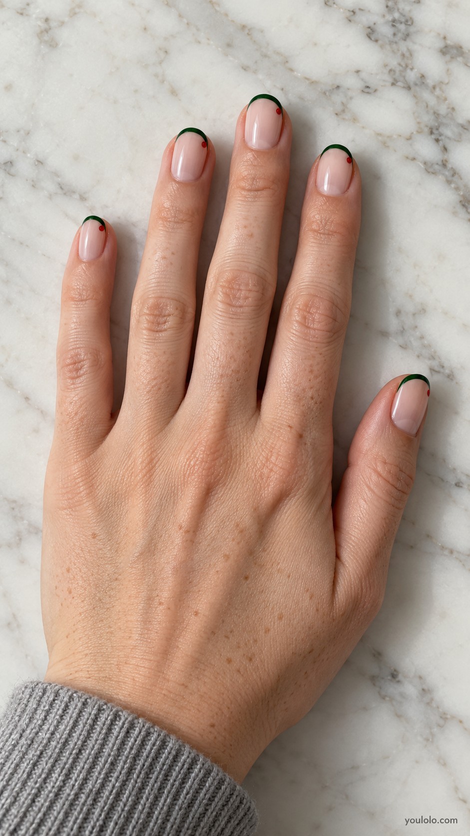 Xmas nails — Green French with a Red Dot