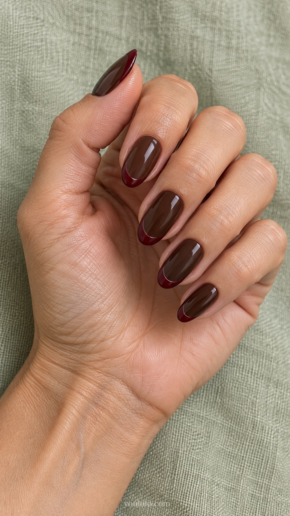Chocolate Burgundy Tip — medium almond dark chocolate nails subtle deep burgundy French tips