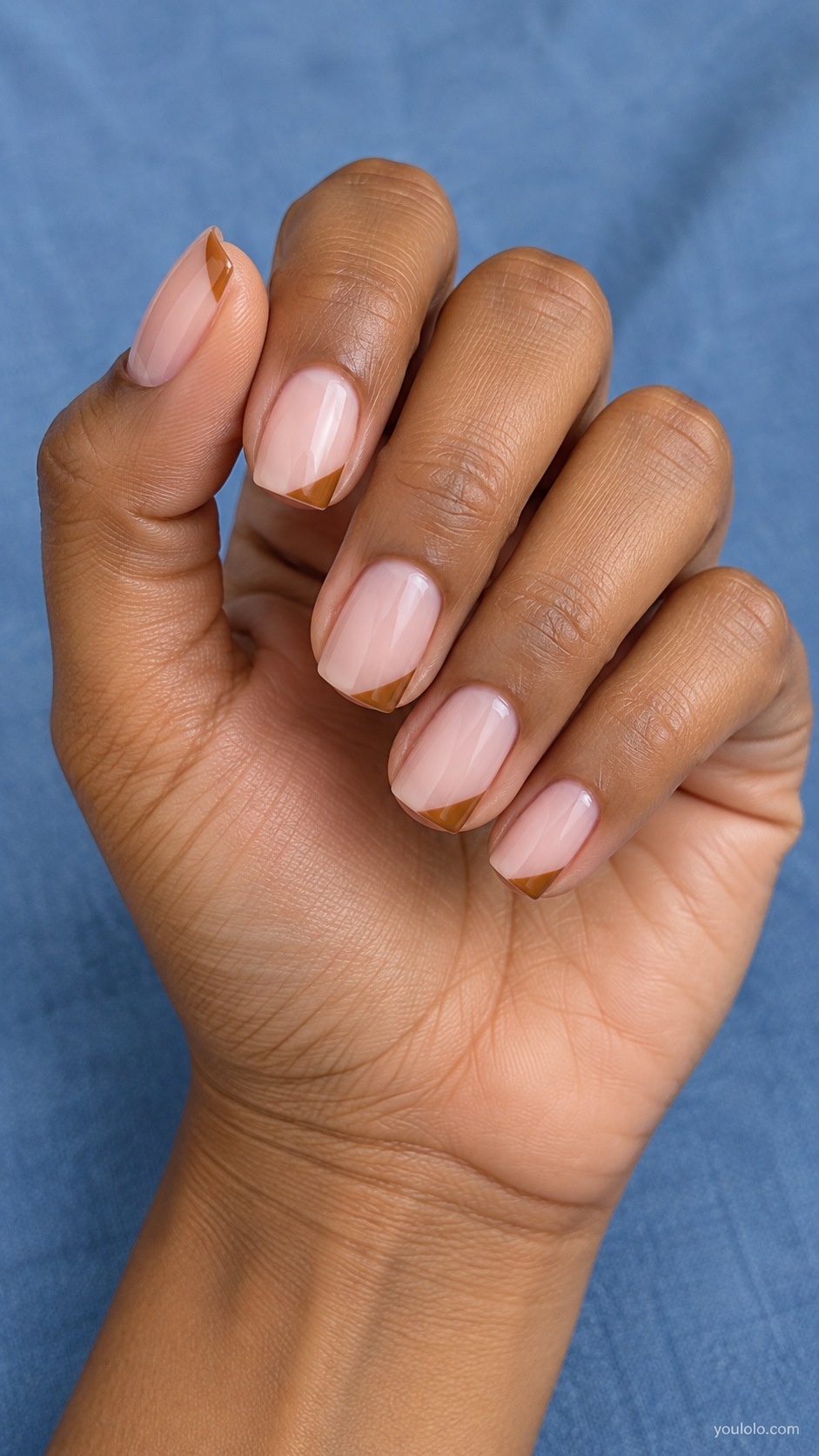 Milk Pink Brown Corner — short soft square milky pink nails small caramel triangle at one tip corner