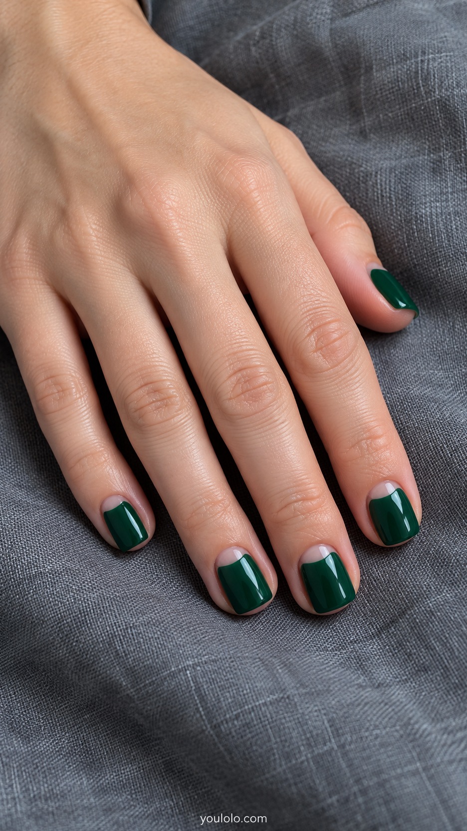 Short Square Nail Designs: Emerald Half Moons manicure on a naturally posed hand
