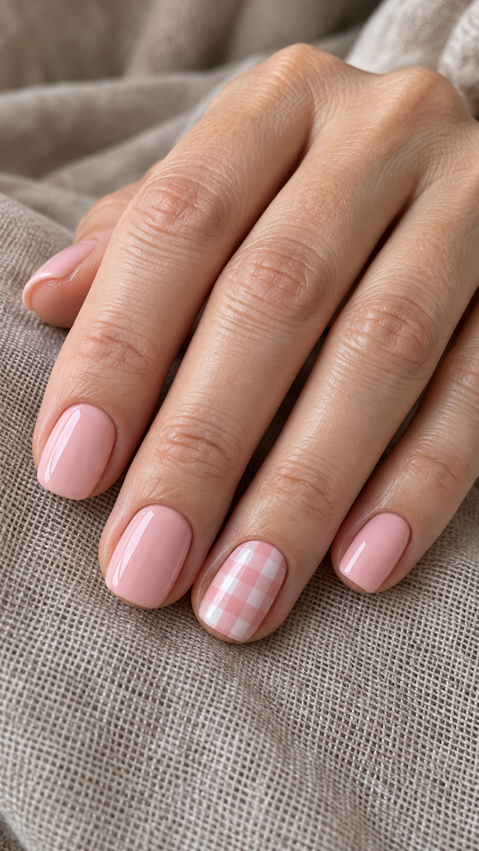 Pink with a Gingham Accent: Short pale pink nails with a pink-white gingham ring nail on a naturally posed adult hand