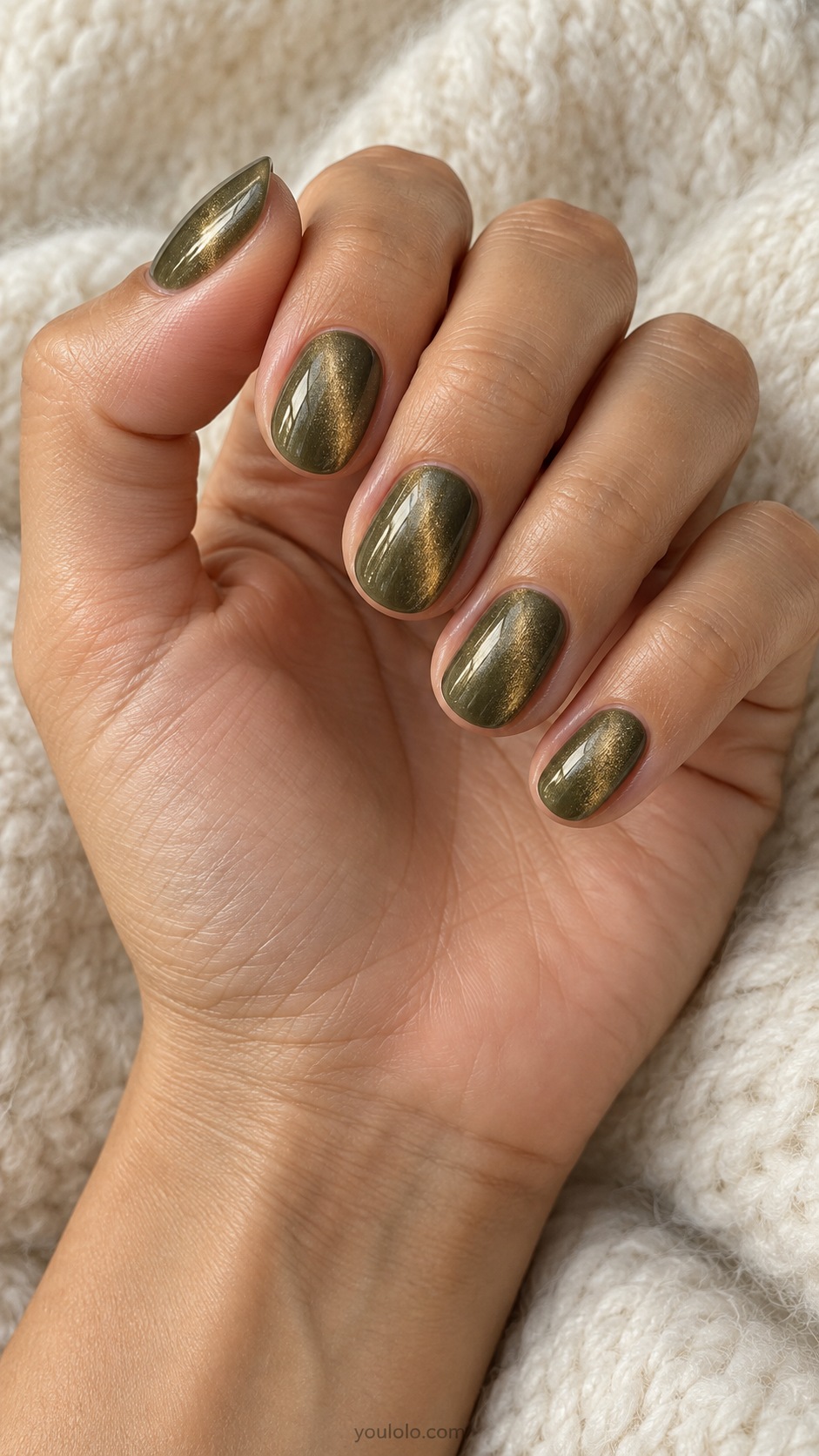 Olive with a Golden Halo cat eye nails — Short oval muted olive green with gold diffuse halo magnetic shimmer.