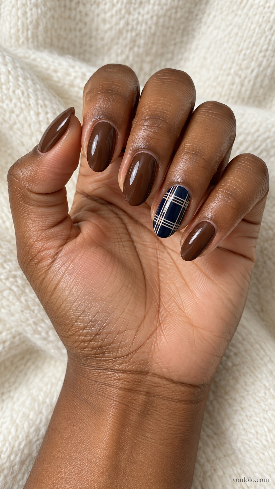 Navy Brown Plaid — medium oval brown nails ring nail navy ivory fine plaid lines