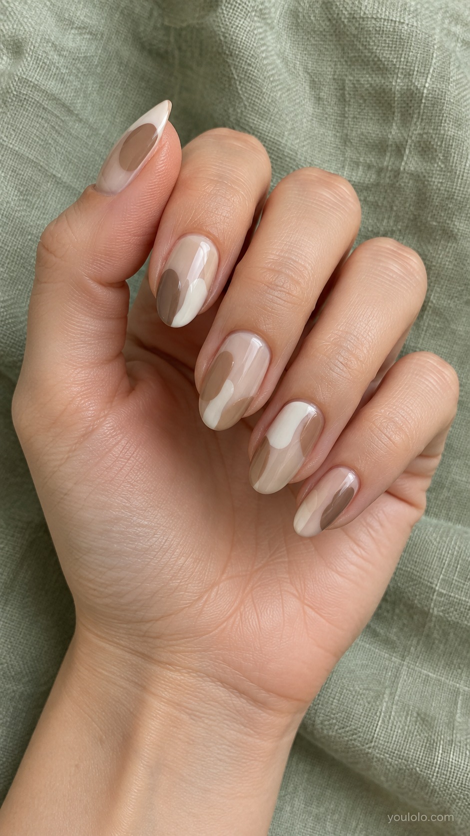 Neutral Abstract Patches — medium almond sheer beige base irregular rounded patches of light tan medium taupe and ivory