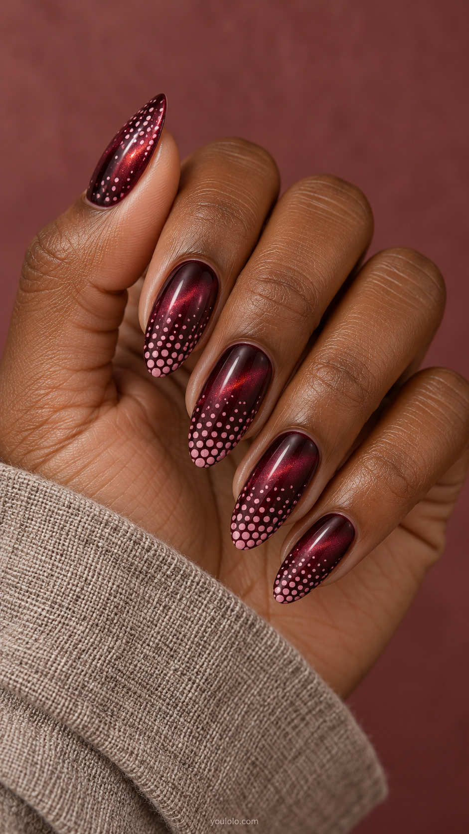 Dense Tips, Clear Cat-Eye Bases manicure on long but wearable almond.