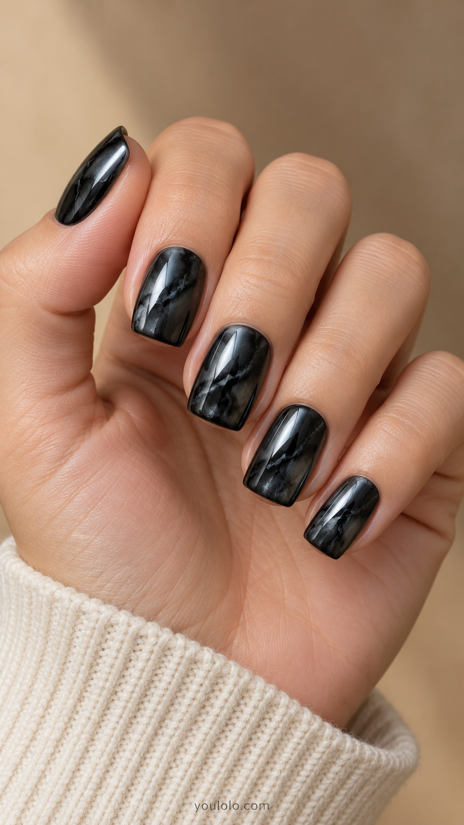 Medium square black chrome with three soft irregular charcoal-black blooming veins across each, dark marbled clouds, no bright silver or gold