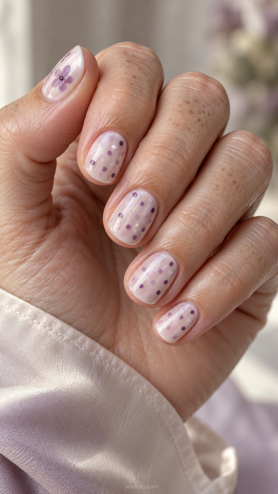 Short pearly lilac nails with orchid dots and a small thumb flower.