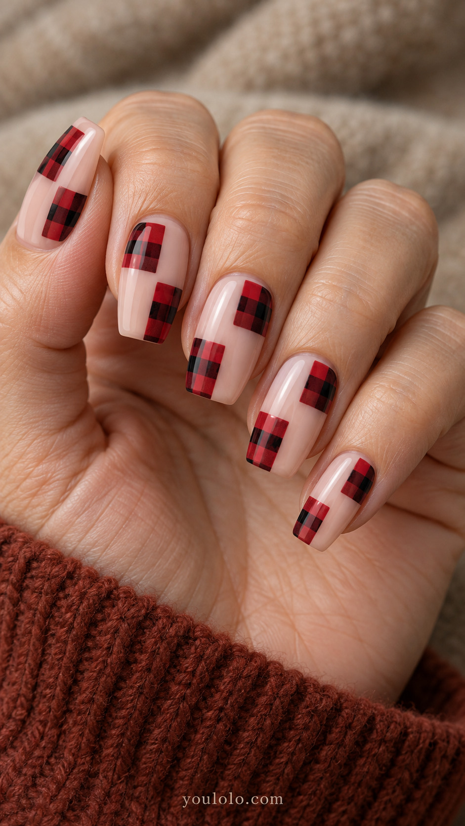 Nude coffin nails with two offset buffalo check patches per nail