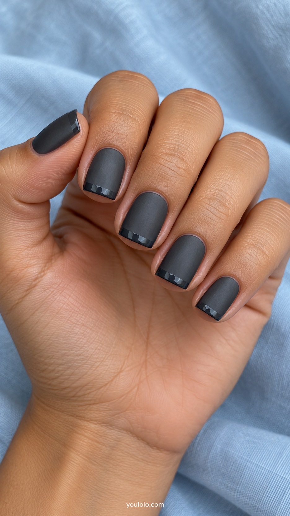 Short Square Nail Designs: Graphite Satin and Gloss manicure on a naturally posed hand