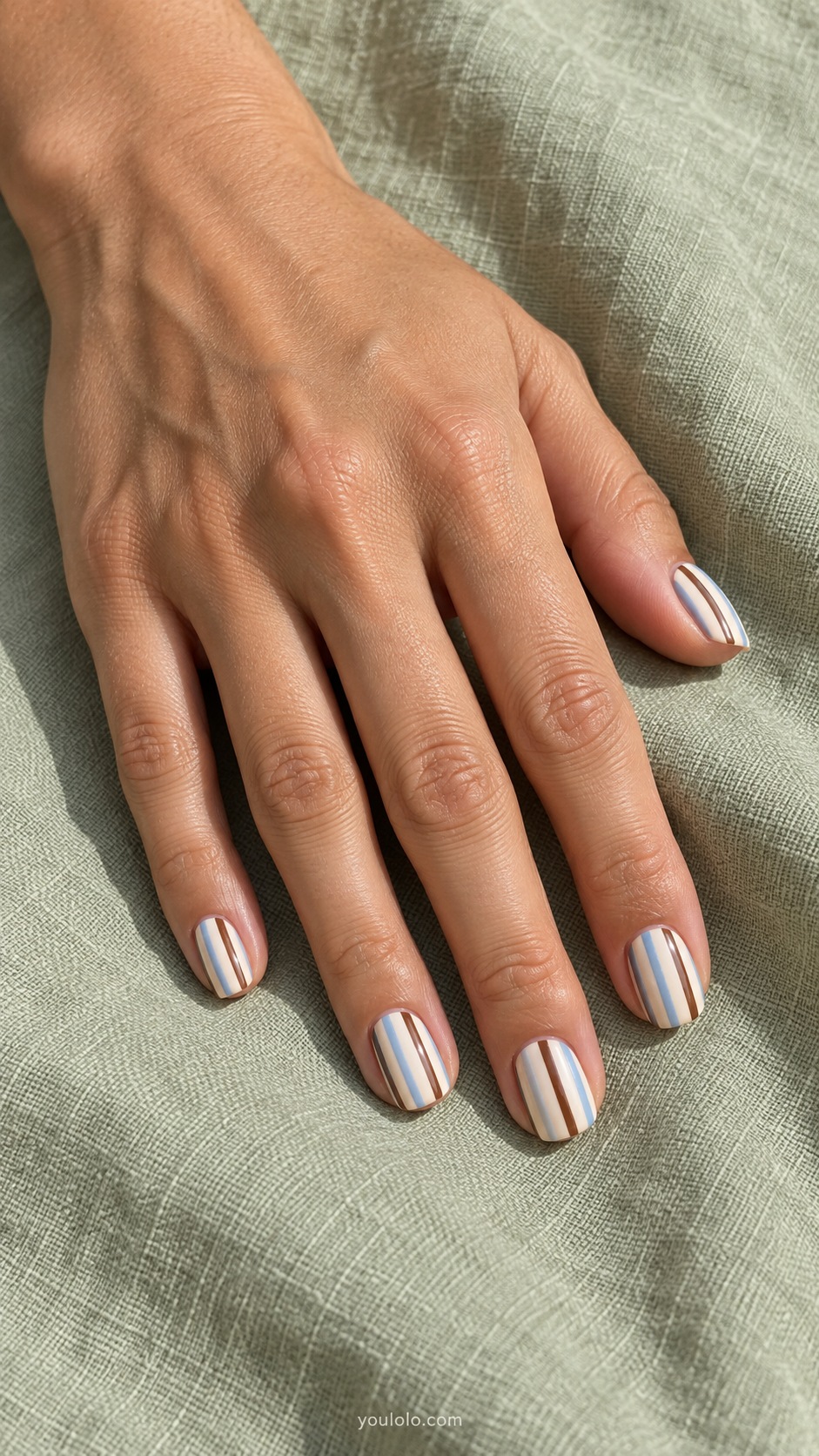 Brown and Blue Thin Stripes — short soft square ivory base alternating thin vertical pale blue and medium brown stripes