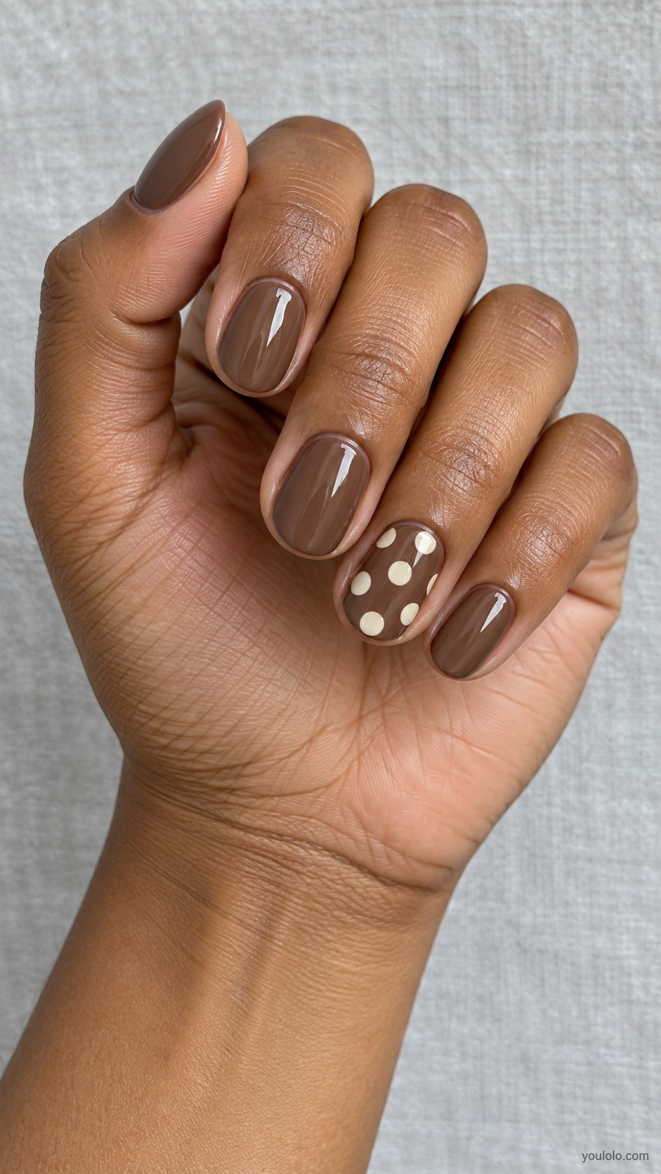 Cream Dot Ring Accent — short oval four solid mocha cream nails one ring nail mocha with large cream dots