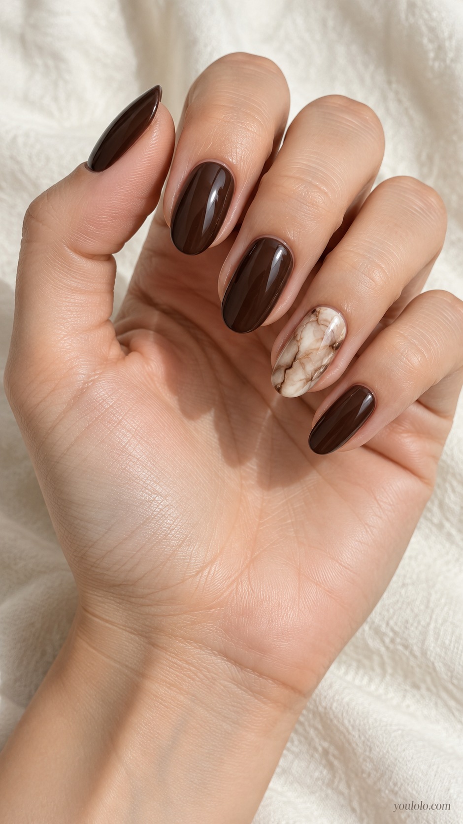 Dark Brown Cream Marble — medium oval dark chocolate nails ring nail cream and coffee natural stone veining