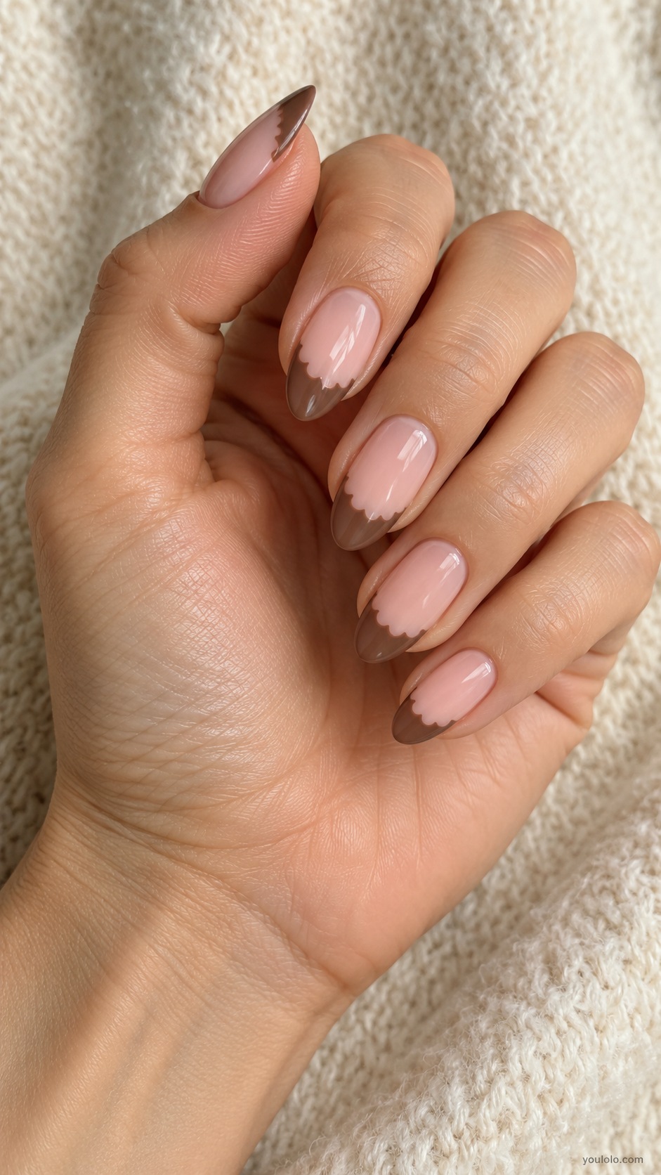 Pink Mocha Scallop — medium almond pale pink nails mocha tips with small scalloped inner border